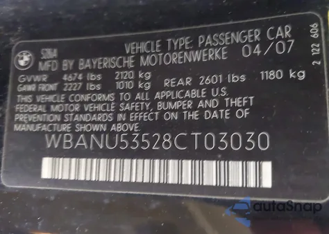 2008 BMW 528I из США, поврежденный, VIN WBANU53528CT03030